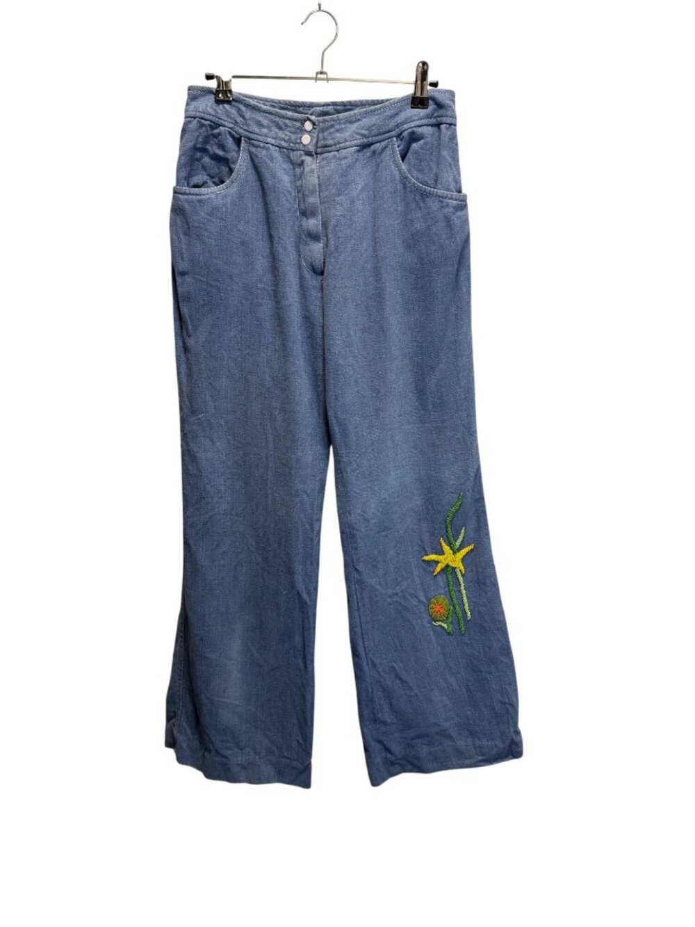 Homemade Blue Wide-Leg Denim Pants  Floral Beaded Embroidery Dual Snap Closure &